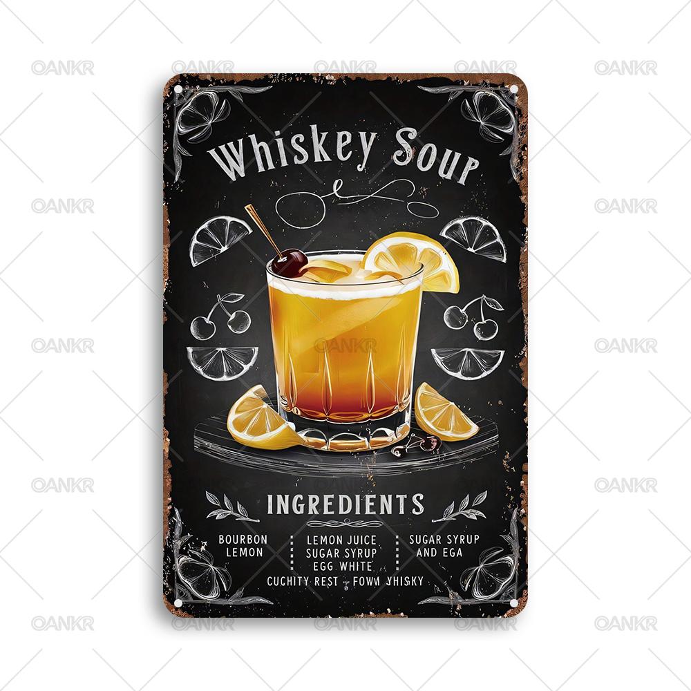 Vintage Pub Bar Club Decor Poster Metal Tin Sign Whiskey Sour Cocktail Recipe Metal Signs for Backyard Restaurant Decor Plaque 20x30cm