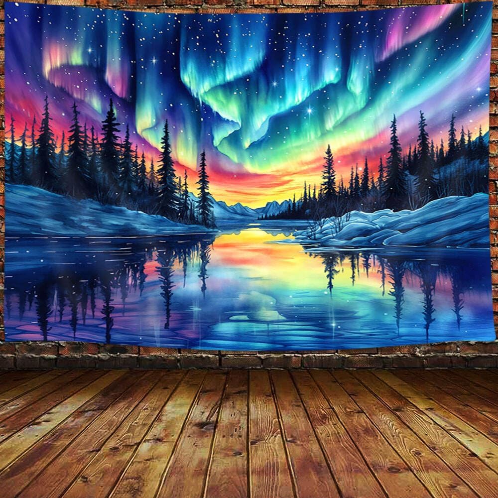 Aurora Borealis Tapestry, Purple Green Northern Lights Aurora Borealis Misty Forest Tapestry Northern Lights Tapestry, Northern