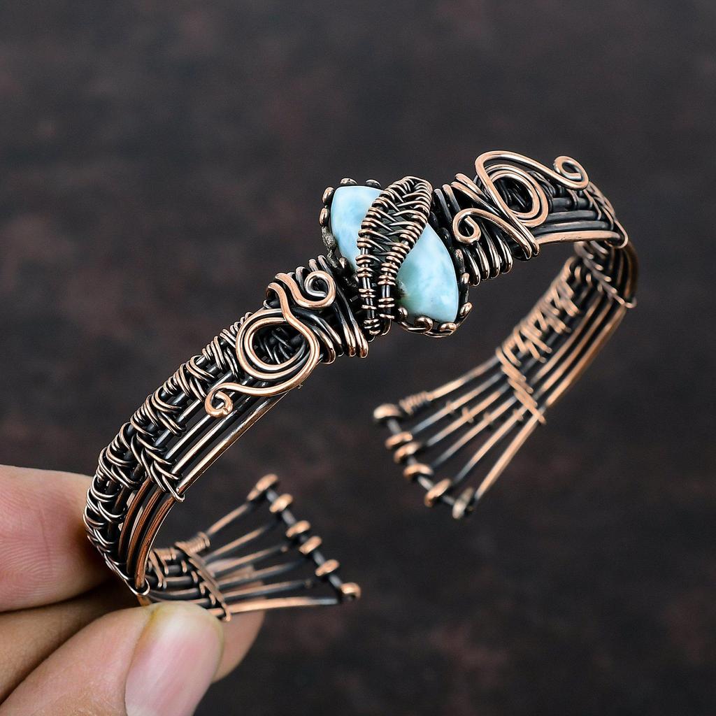 Larimar Cuff Bracelet Copper Wire Wrapped Adjustable Cuff Gemstone Bangle Copper Wire Jewelry Gift For Her Handmade Designer Cuff Bracelet