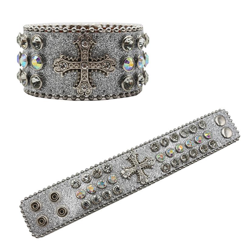 Kreuz Strass Armband Gothic Hip-Hop Punk Diamantenbesetztes PU Leder Armband