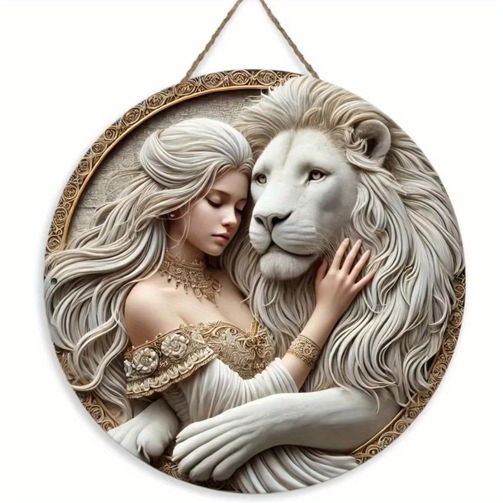 

1шт 2D Плоска Вивіска на тему Білого Лева та Жінки, Кругла Дерев яна Вивіска - 20см, Підходить для Дому, Кафе, Ресторану, Прикраси Вітальні, Подарунок на Свято 20cm*20cm