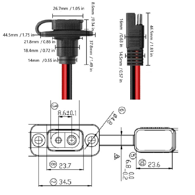 Covered Battery Connection Leads with Panel Mount 2 Pin Ends and Copper Conductors for Vehicle or Motorcycle Wiring Systems, 4 Pack
