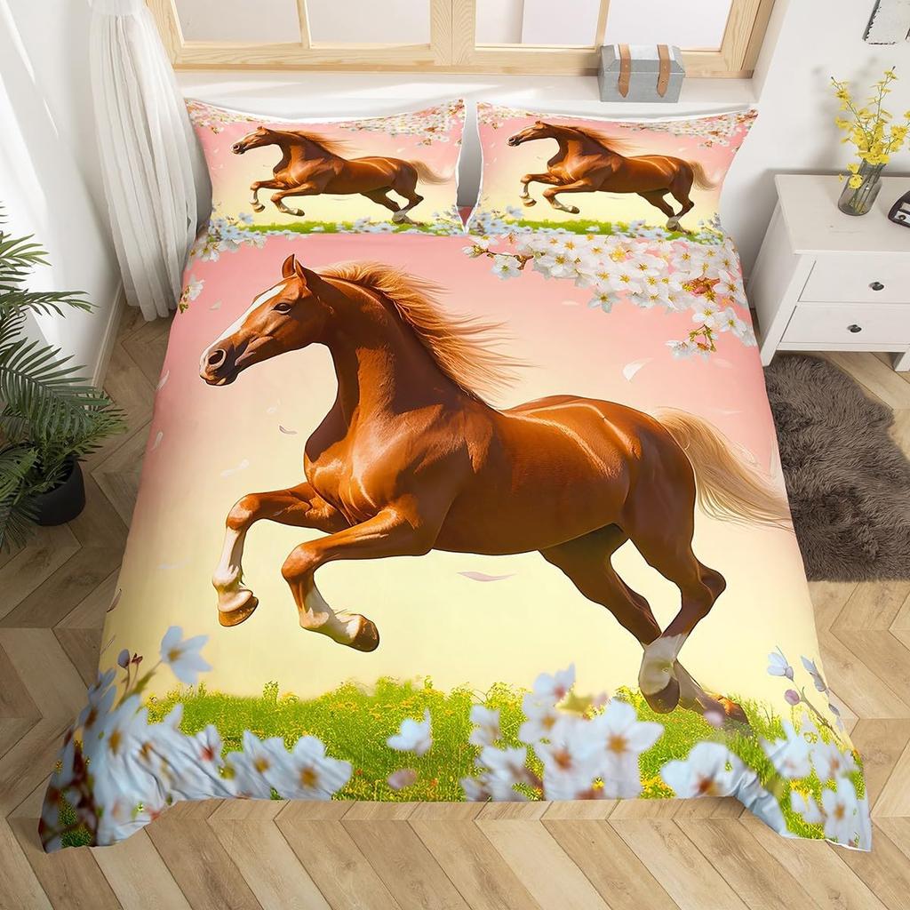 Boys Girls Horse Bedding Set Full SizeGalloping Horse Duvet Cover Western Farmhouse Comforter Cover Wild Animal Bedspread Cover