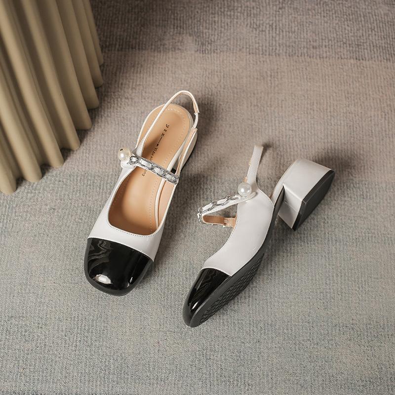 Genuine Leather Mary Zhen Stomped Mid-heel Spring and Summer Black and White Spliced Shoes with Skirt for Girls Thick Heels Baotou Sandals