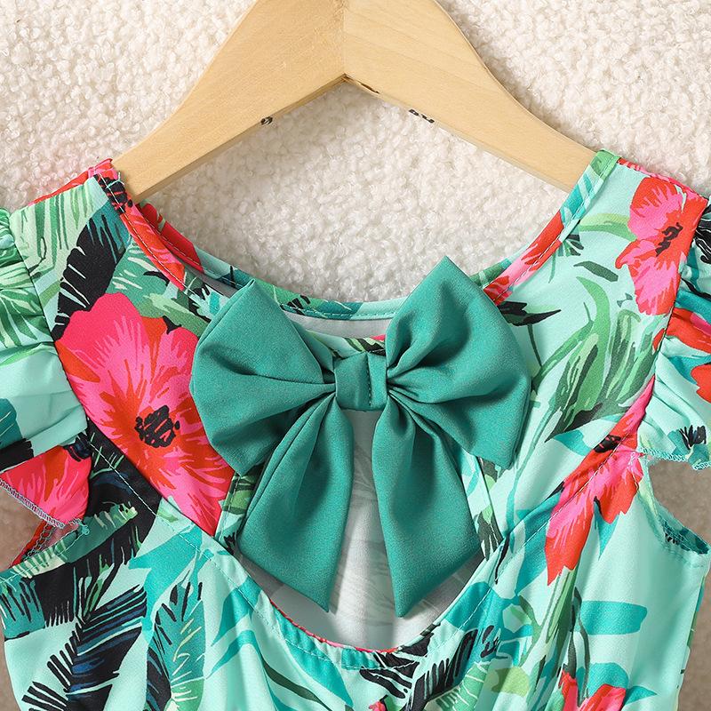 Girls' Dress Children'S Clothing New Spring-Summer Style With Flying Sleeves Cute Bow On The Back Casual Printed Dress