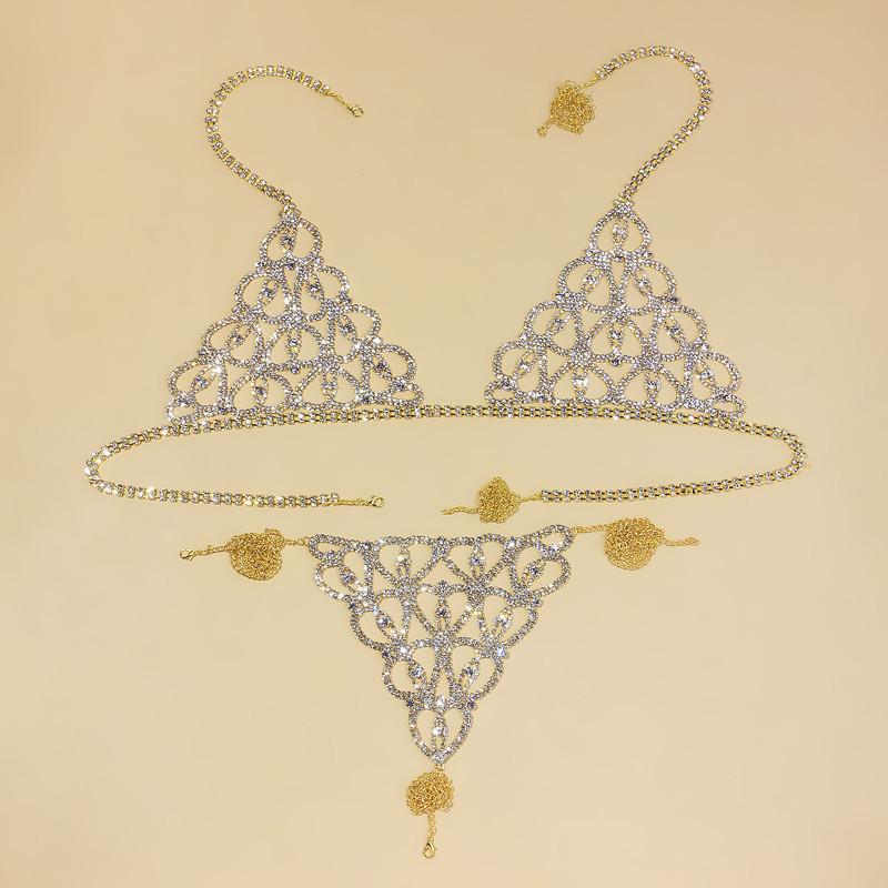 Sexy body chain, chest chain, fashionable luxury, heart-shaped rhinestone, lingerie set, nightclub clothing