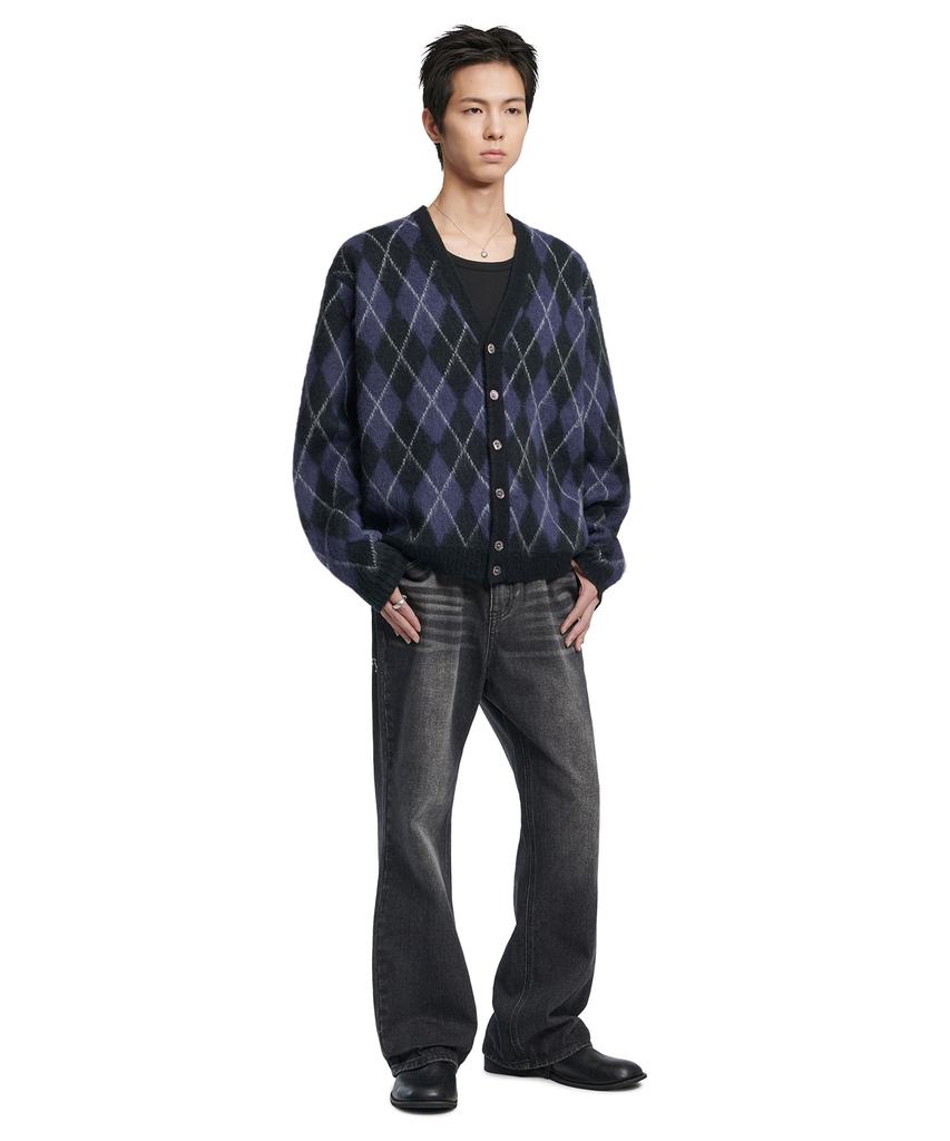 Nomanual Argyle Hairy Cardigan - Dark Navy