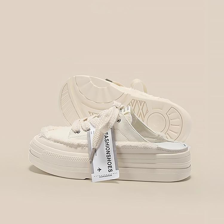 Yiyuan one-pedal biscuit bag head half slippers women's 2025 summer new thick-soled heightening beggar canvas casual shoes