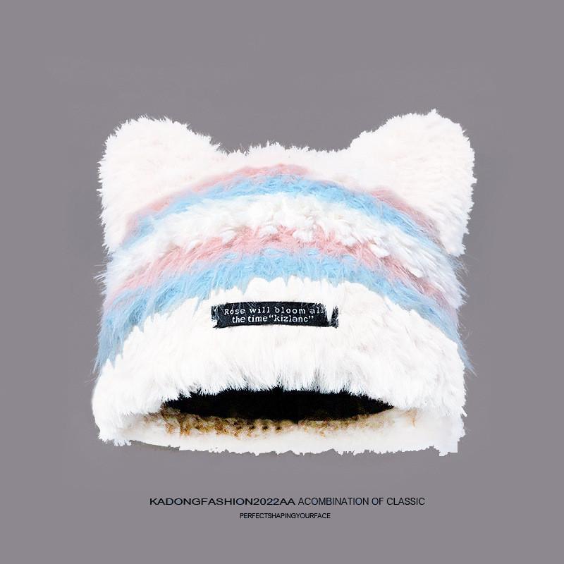 Plush Cat Ear Beanie Hat For Women Autumn Winter Warmth Windproof Casual Style Blue Pink