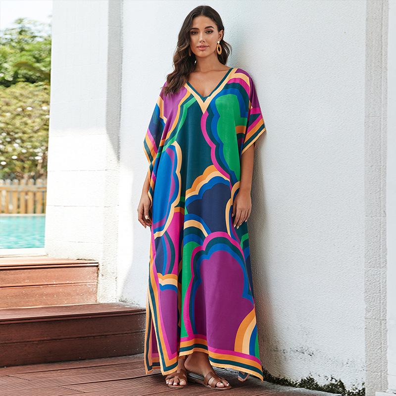 Luźny bawełniany szlafrok z nadrukiem w dużym rozmiarze - okrycie na wakacje na plaży dla kobiet