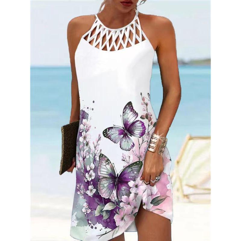 VEZFAA Women's Fashion Summer Spring Colour Block Print Sleeveless Middle Waistline Casual Dresses