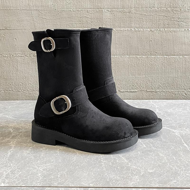 Cowhide version stacking boots small thick heel inner height increase Martin boots women's retro metal buckle round head locomotive boots short boots