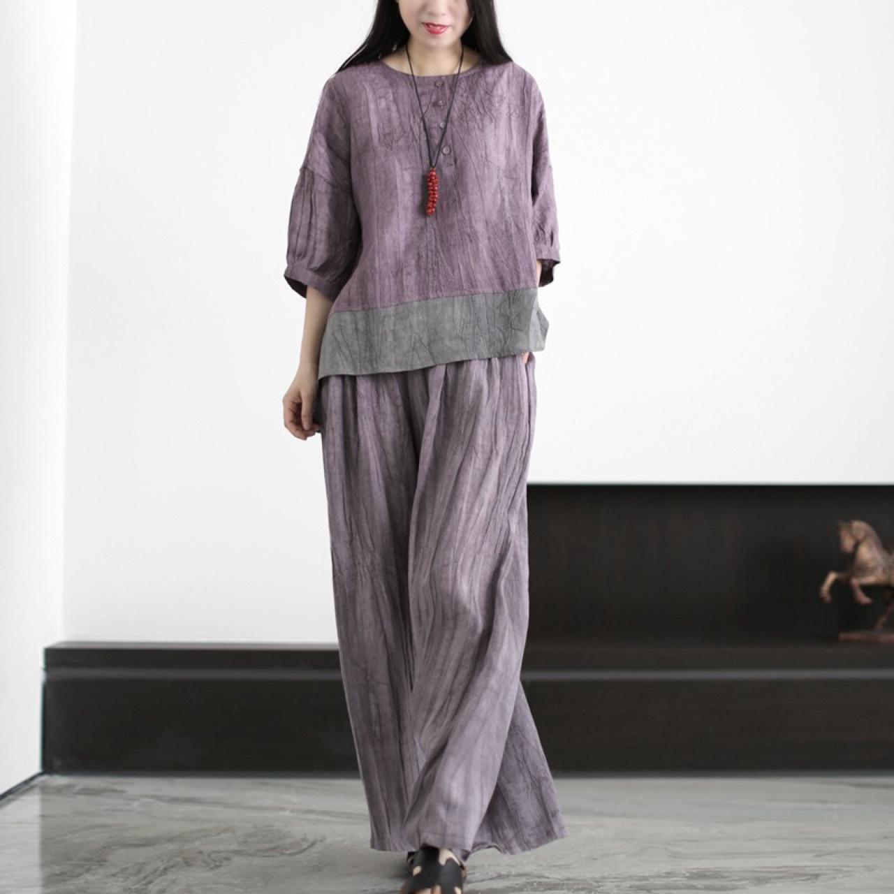 

Весенне-осенне-летние женские винтажные широкие брюки, костюмы, повседневные лоскутные блузки, брюки, комплекты, свободный спортивный костюм one size фиолетовый