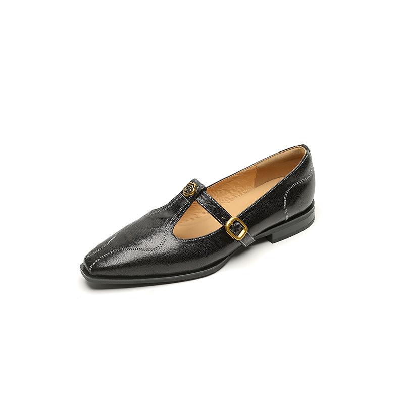 Retro square head flat bottom low heel medium mouth single shoes women's T-buckle belt Mary Jane small leather shoes