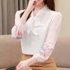 Fashion Long Sleeve Chiffon White Shirts Women Solid Embroidery Flowers Elegant Women's Blouses Vintage Lace-up Bow Collar Office Lady Tops 6056