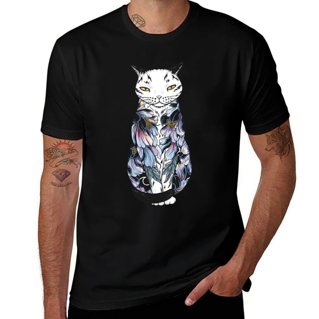 Cat In Cosmic Black Peonies Tattoo Tshirt Summer Print Short Sleeve Tee