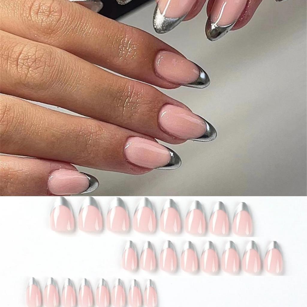 24 Pcs Simple Pink Press On Nails With Silver Glitter Powder Decor Removable Fake Nail Tips Set