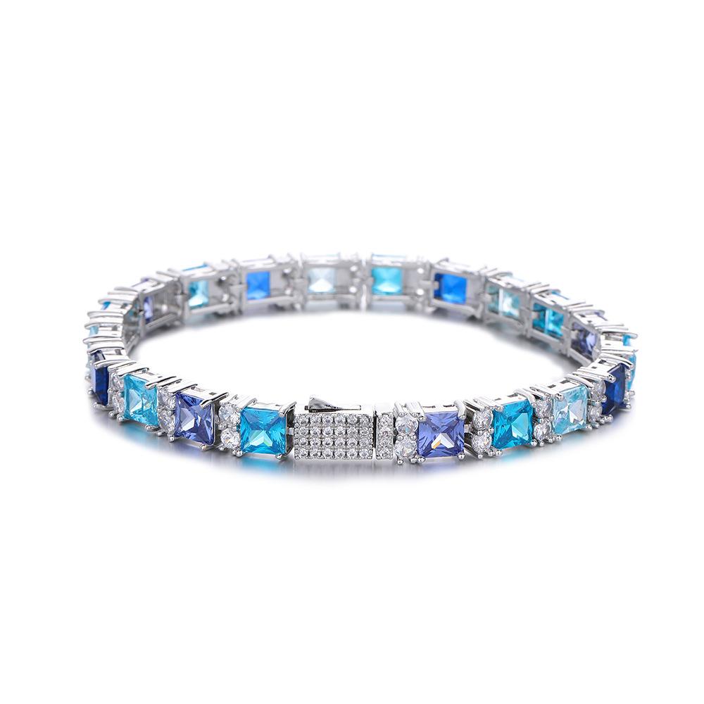 

1111 Summer Popular Square Color Zircon Tennis Chain Hip Hop Wind Electroplating Environmentally Friendly Copper Necklace Trend Jewelry bracelet 6inch (length 15cm)