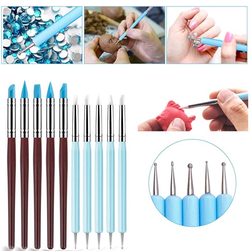 1/10/15 Pcs/Set Dual Ended Rhinestone Nail Art Manicure Brush Silicone Pen Sculpture Pen/3D Flower Carving/Dotting Nail Tool