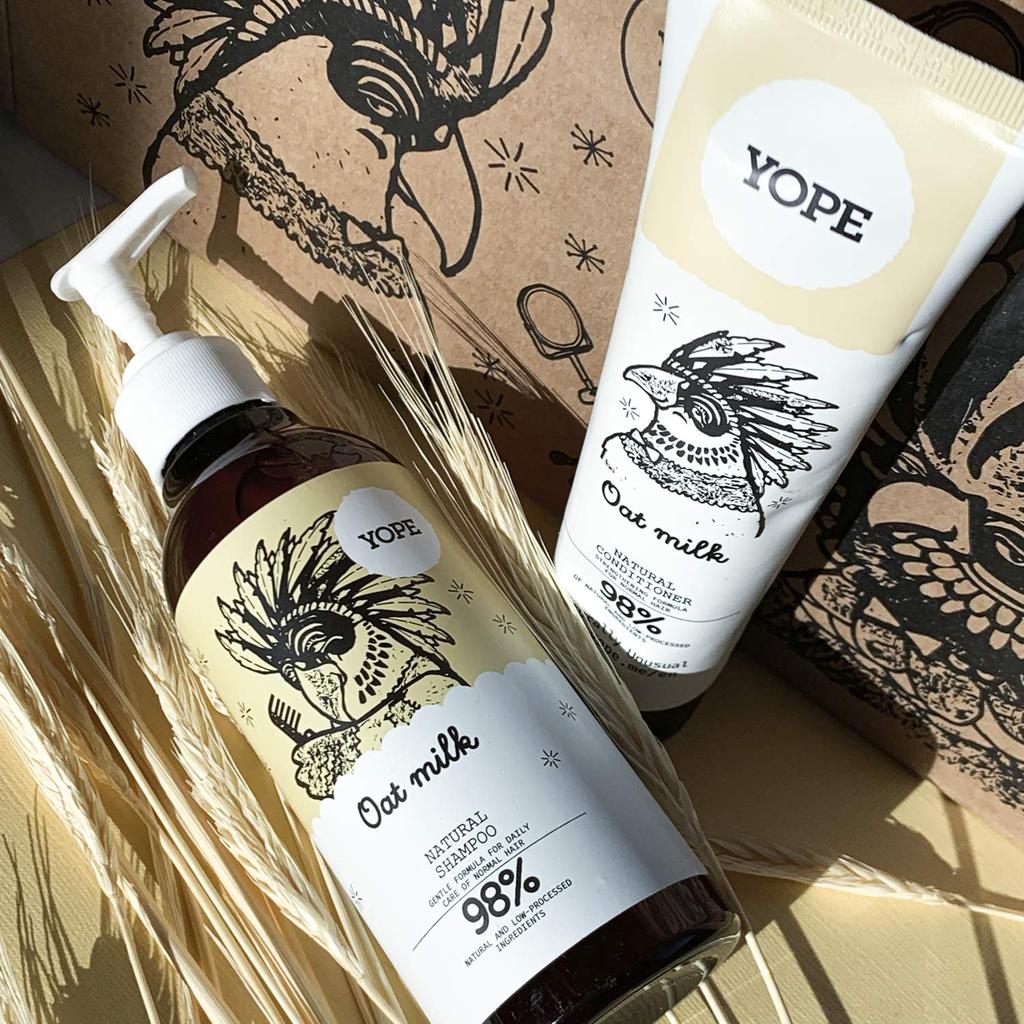 YOPE Natural for all hair with a sweet and gentle oat milk and ECOCERT Shampoo, 300ml, types, scent, certified.