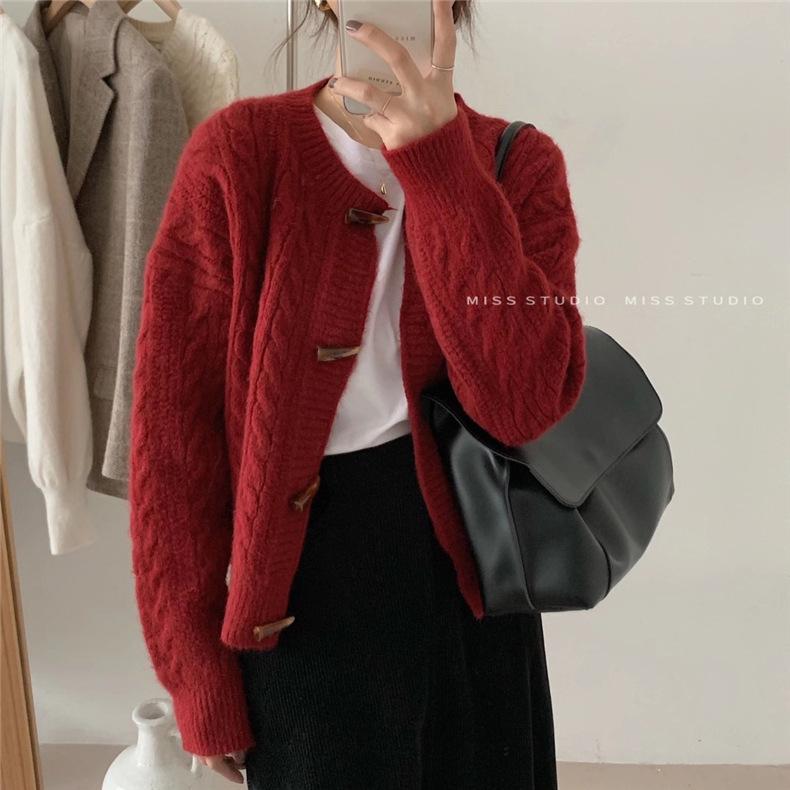 Korean Style Solid Color Knit Cardigan Sweater with Horn Buttons for Women