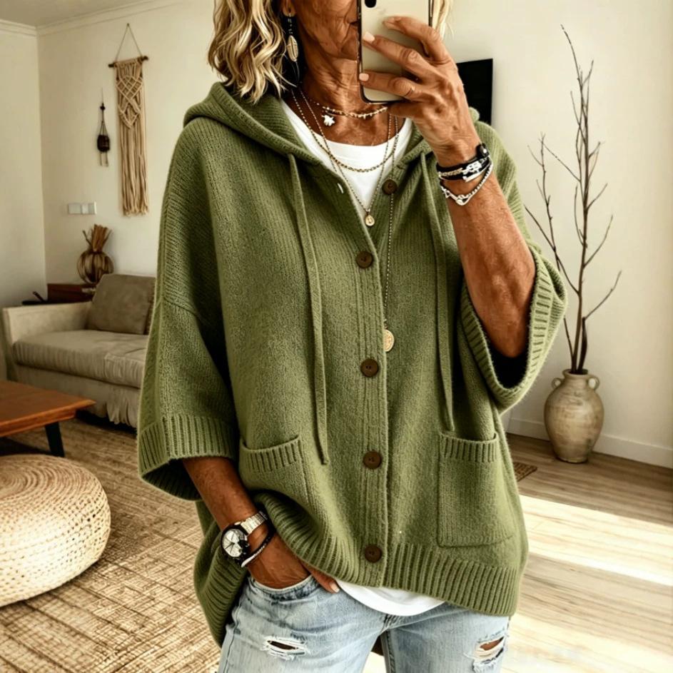 2026 European and American button-knitted hooded sweater cardigan jacket autumn and winter new solid color casual fashion women's clothing