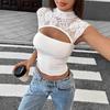 Women's Lace Mock Neck Top Cut-Out Sleeveless Slim Fit Crop Top