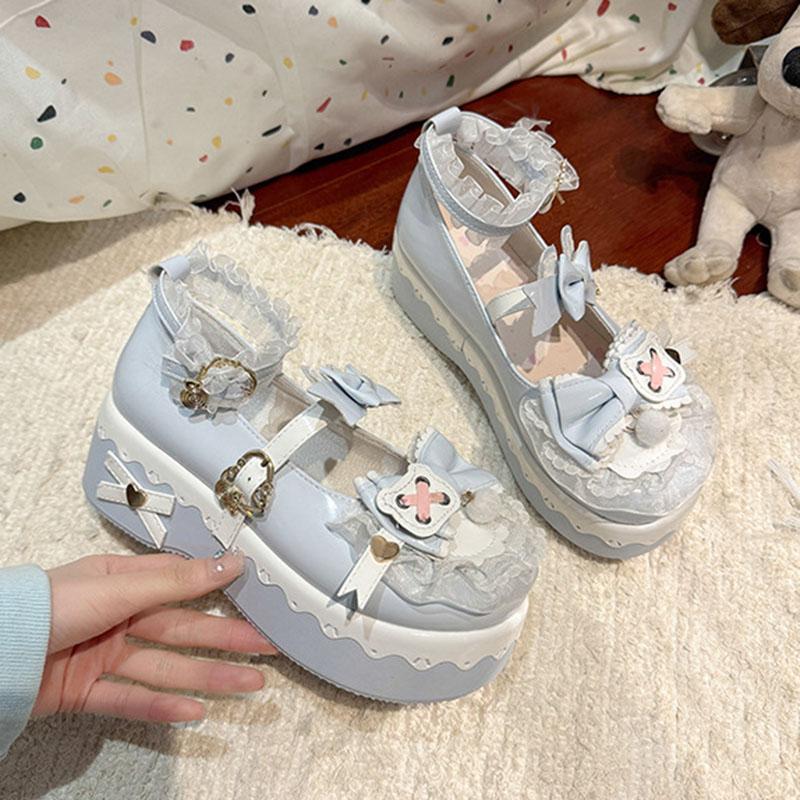 Comemore Platform Lolita Wedge Mary Janes Shoes for Women Autumn New Round Toe Colorblock Bow Ankle Buckle Pumps Single Shoes