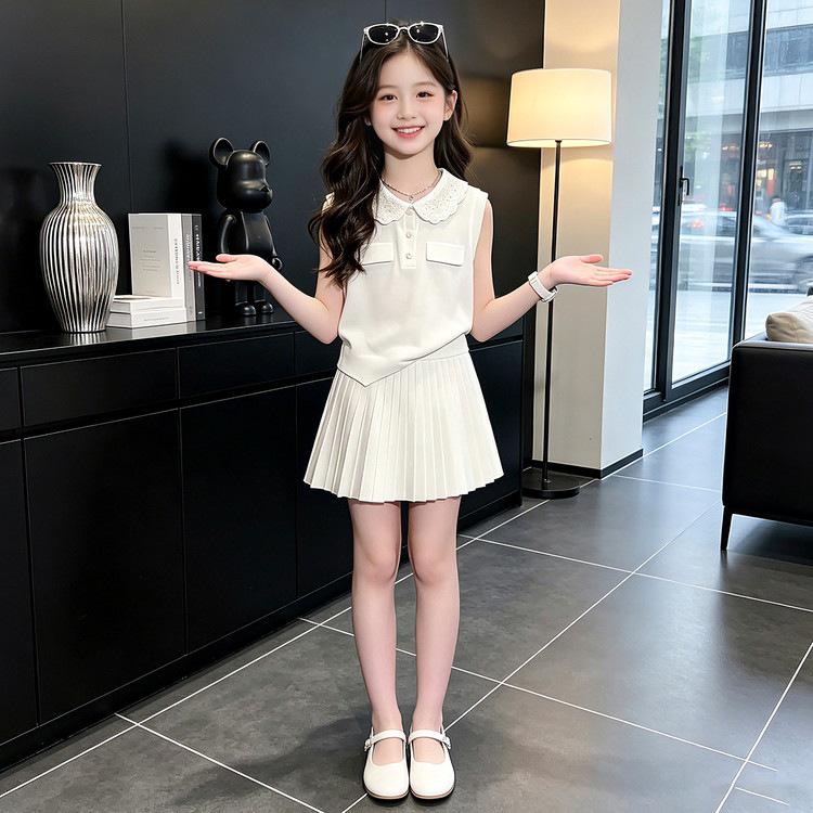 Girls' 2026 Summer Sleeveless Doll Collar Vest & Pleated Skirt Set for Medium To Large Children