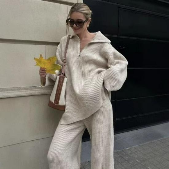 European and American Street Style Women s Loose Lapel High Waist Trousers and Knit Sweater Set Ivory