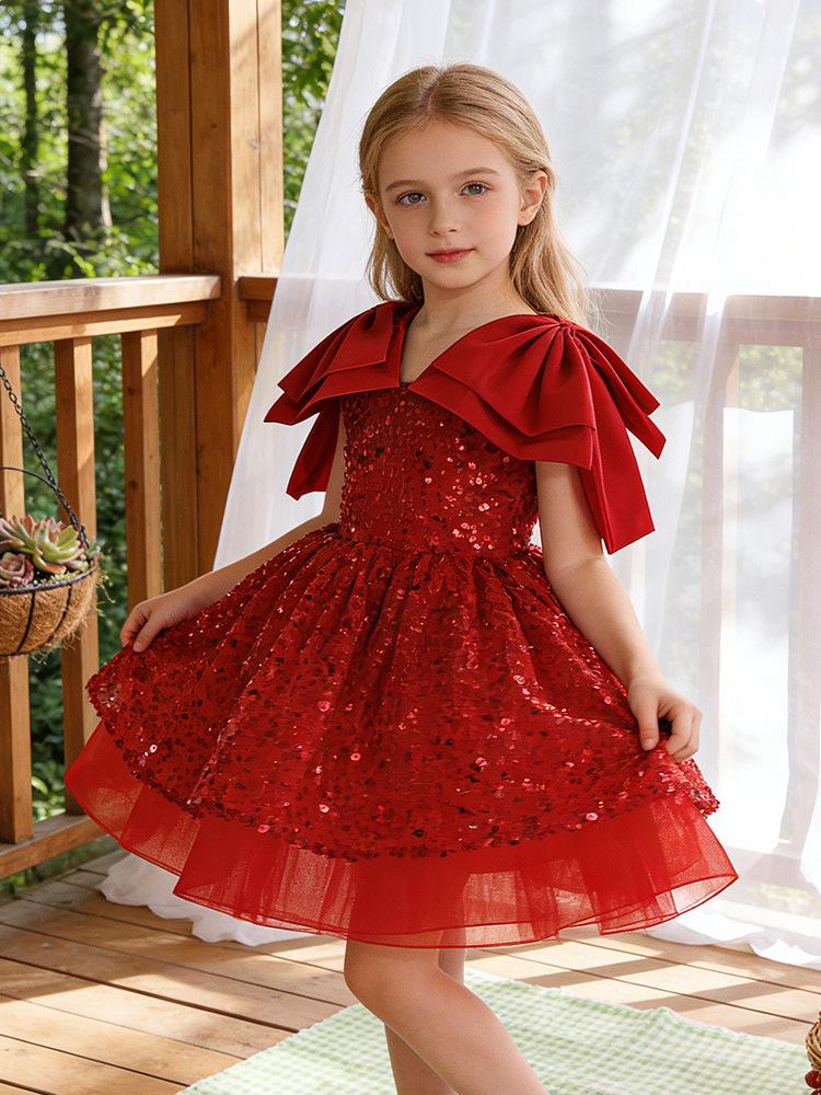Girls' 2026 Formal Mesh Princess Dress with Big Bow and Puffy Skirt, Ideal for Runway and Performances.