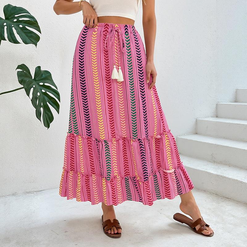 A New Summer Personalized Vacate-style Women's Dress with Tassel LACES and Ethnic Striped Prints