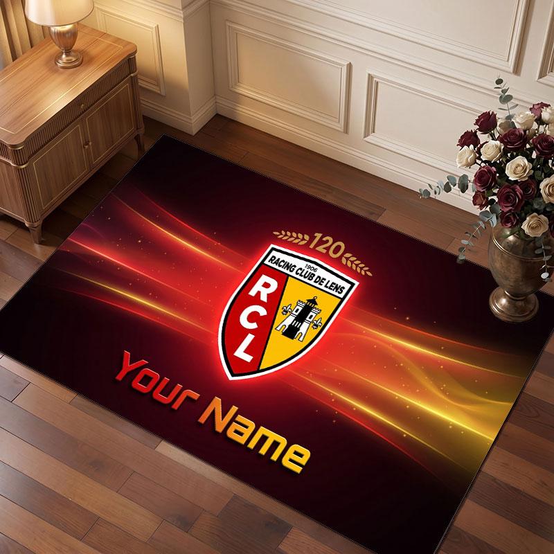 Racing Club de Lens Benutzerdefinierter Kristall-Samtteppich, Personalisierter Namens-Textdruck, Fußball-Logo Weiche Rutschfeste Fußmatte Heimdekoration Geschenk