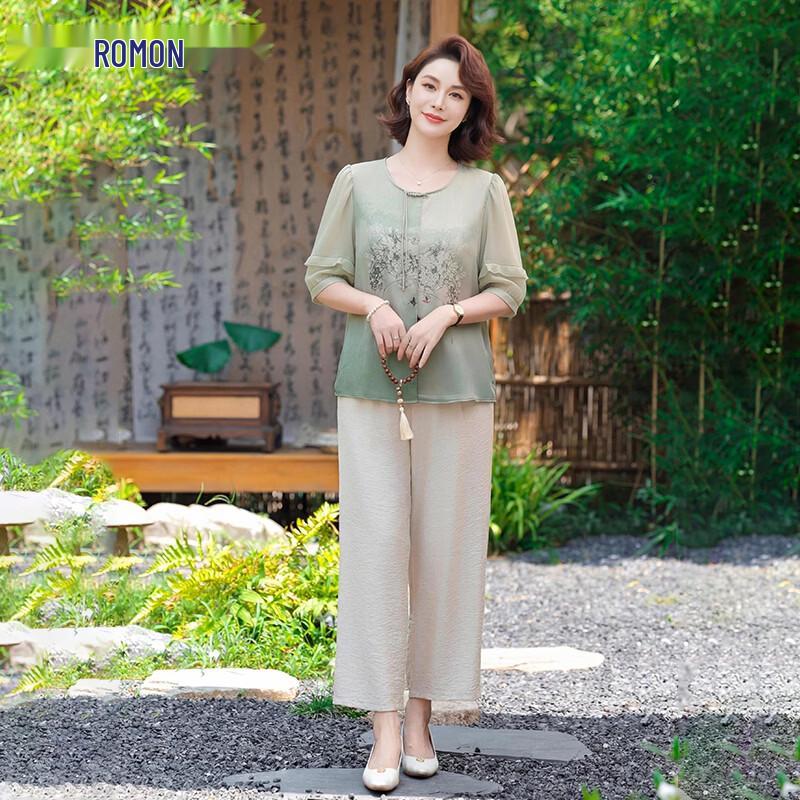 Luomeng Women s New Chinese Style Ink Wash Print Summer Two-Piece Set 2XL