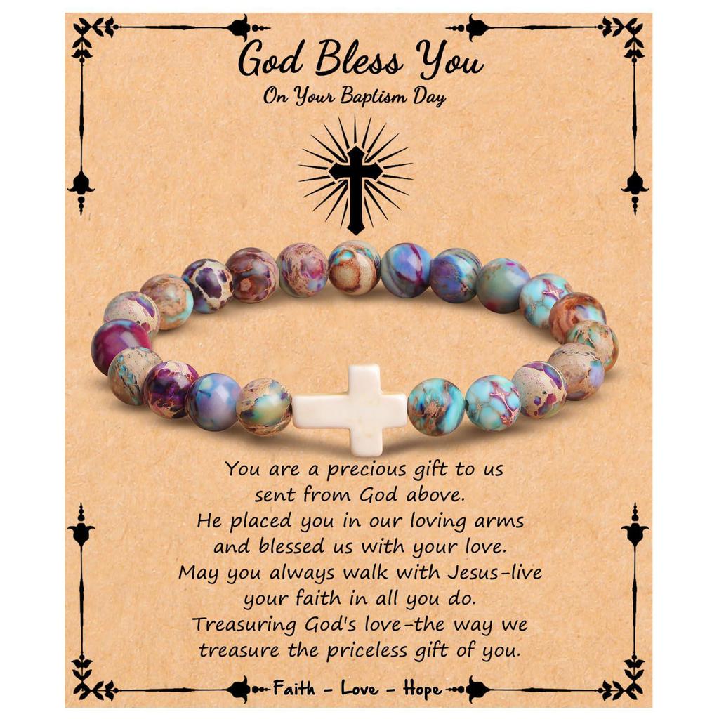 Emperor Stone Pink Zebra Beaded Bracelet with Cross Charm