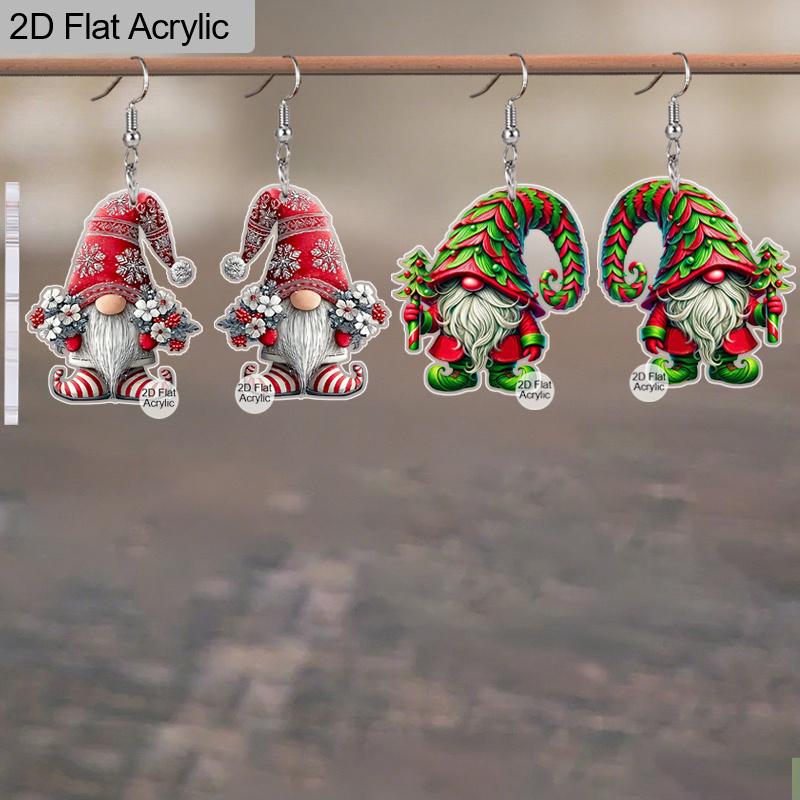 2D Flat 2pairs Red and Green Dwarf Acrylic Dangle Earrings, Perfect Gift for Women, Christmas Party Jewelry