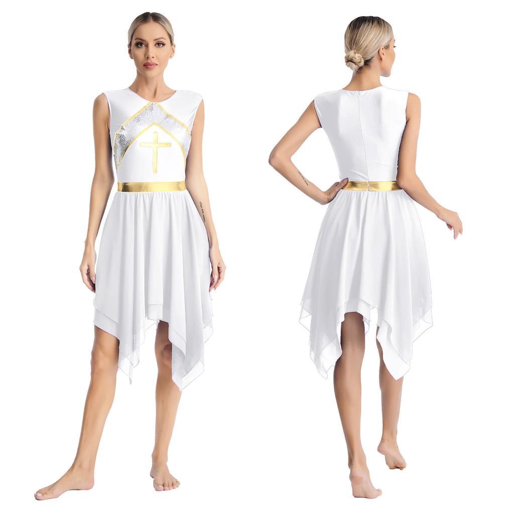Sparkling Cross Sequin Stage Dress S-XXL: Women’s Worship Dance Costume with Metallic Shine, Color Block & Irregular Hem