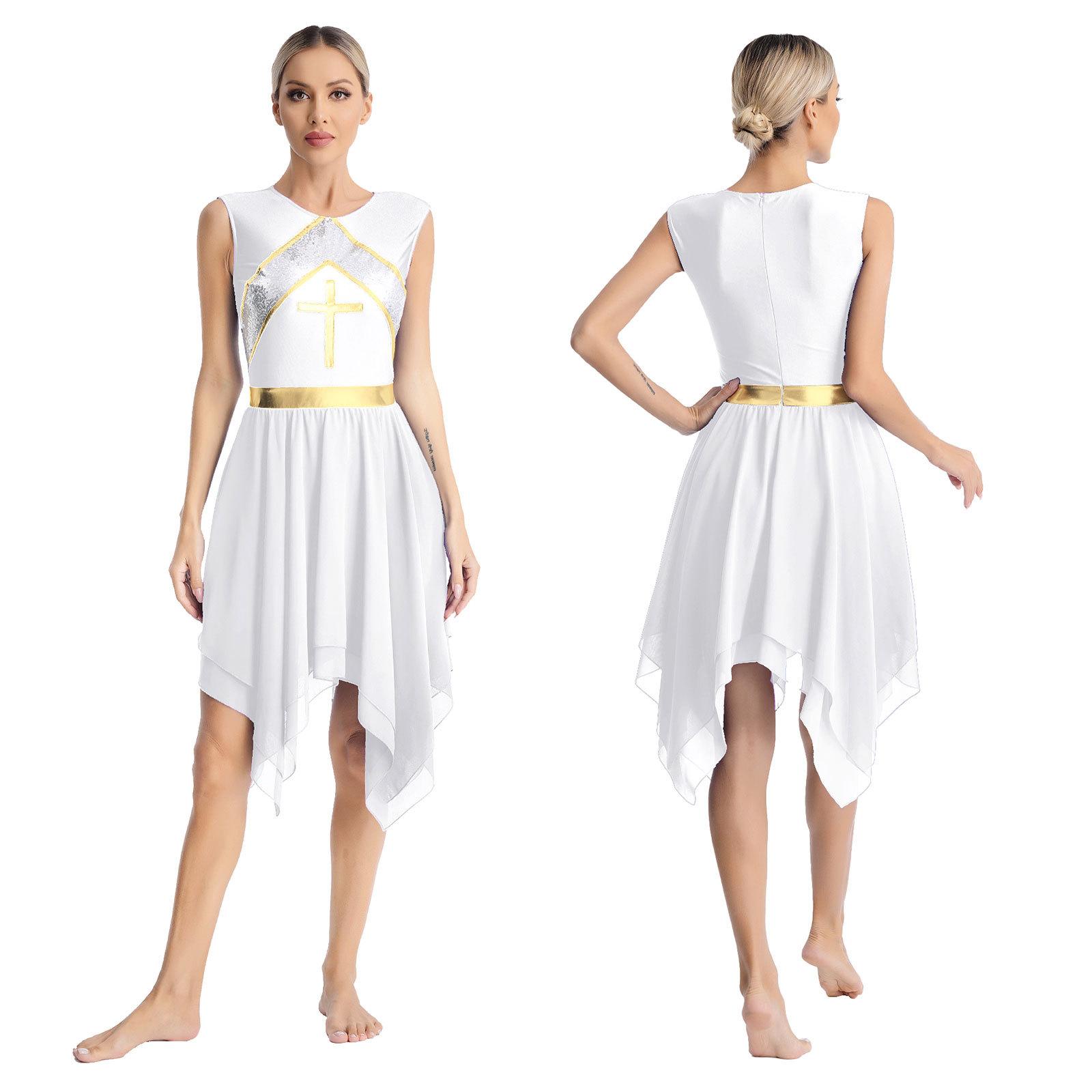 

Women‘s Liturgical Praise Dance Dress S-XXL: Sparkling Cross Sequin Sleeveless Design with Color Block Patchwork & Irregular Hem S білий