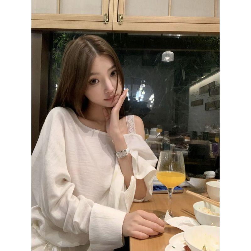 Kumikumi Idle Style Suit Loose Pure Color Oblique Shoulder Long Sleeves T-shirt Women Autumn High Waist Casual Pants Two-piece Set