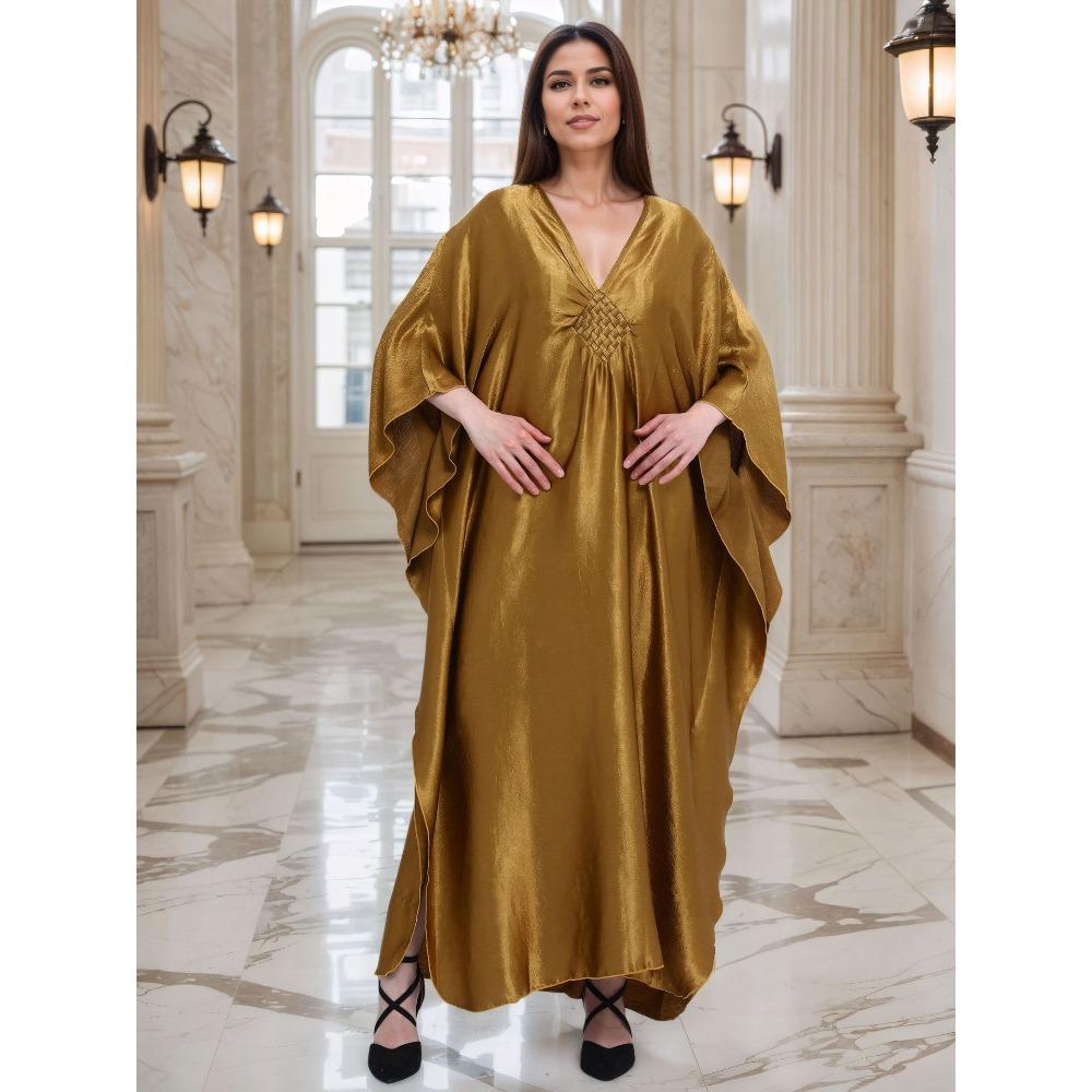 Gold Luxury Beach Dress Woven Holiday Robe Loose Plus Size Turkish Kaftan Dress