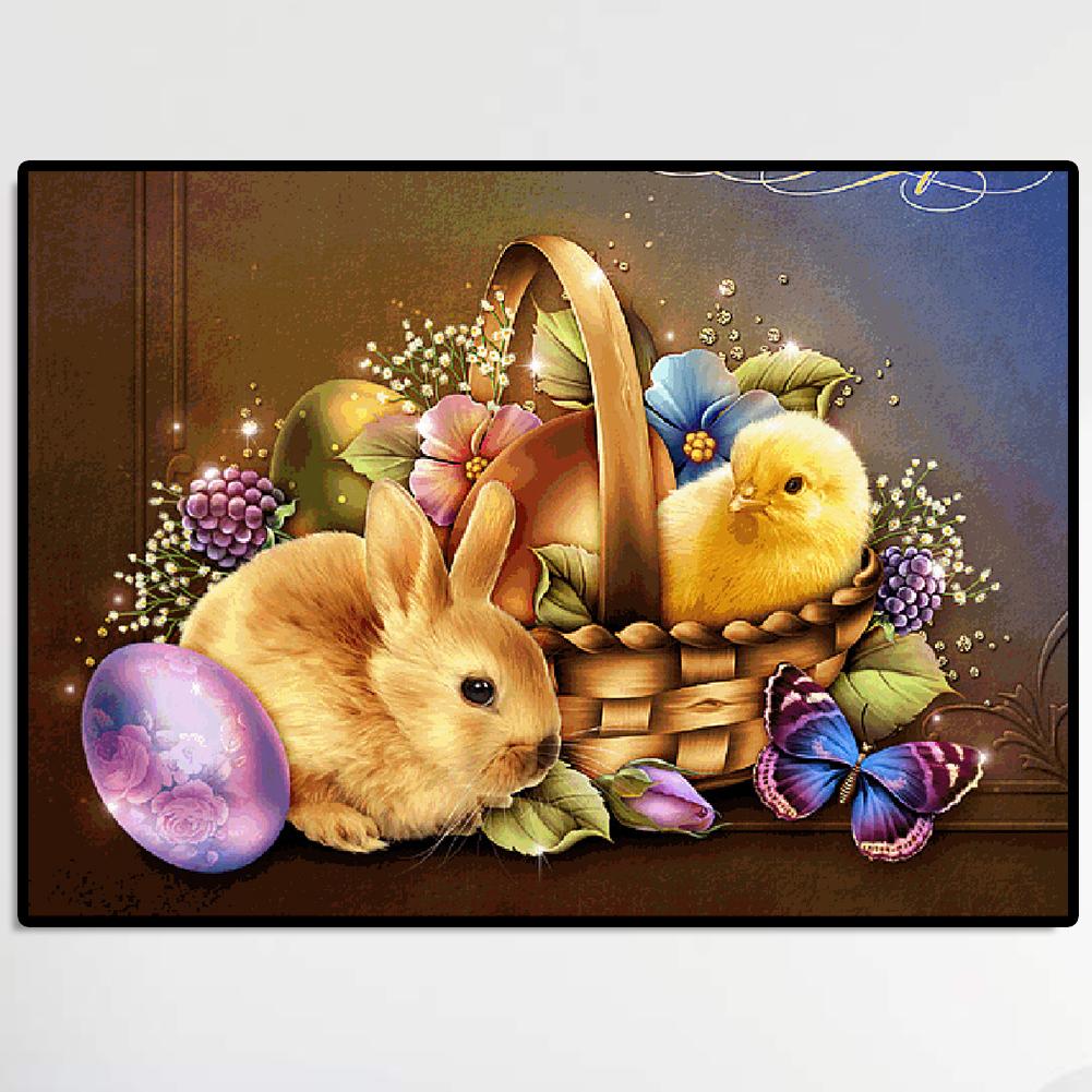 2 piezas 40*30CM Kits de Punto de Cruz de Pollito y Conejo de Pascua 5D DIY Set de Pintura de Diamantes con Taladro Completo Resistente a la Radiación Decoración para el Hogar y el Dormitorio