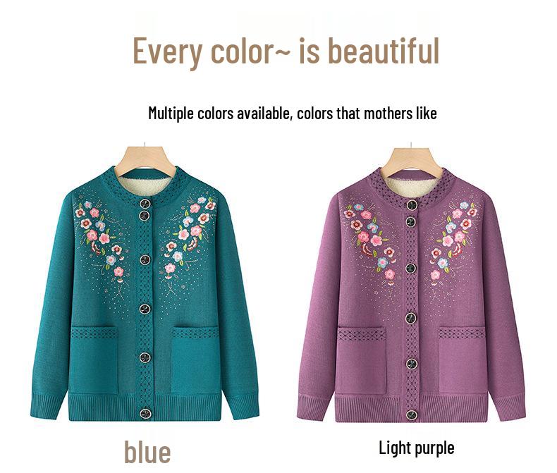 Embroidered Velvet Cardigan for Middle-aged & Elderly Women - Cozy Winter Sweater