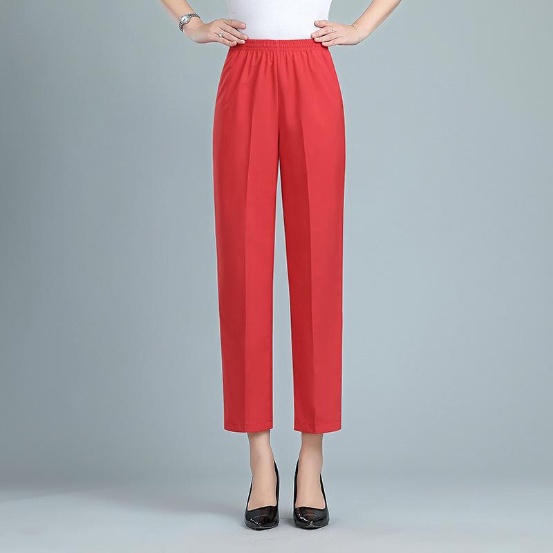 

Женские летние брюки с высокой посадкой, прямые, легкие, эластичные, свободного кроя, длиной до щиколотки, для женщин среднего и пожилого возраста XL (for 55-60 kg) красный