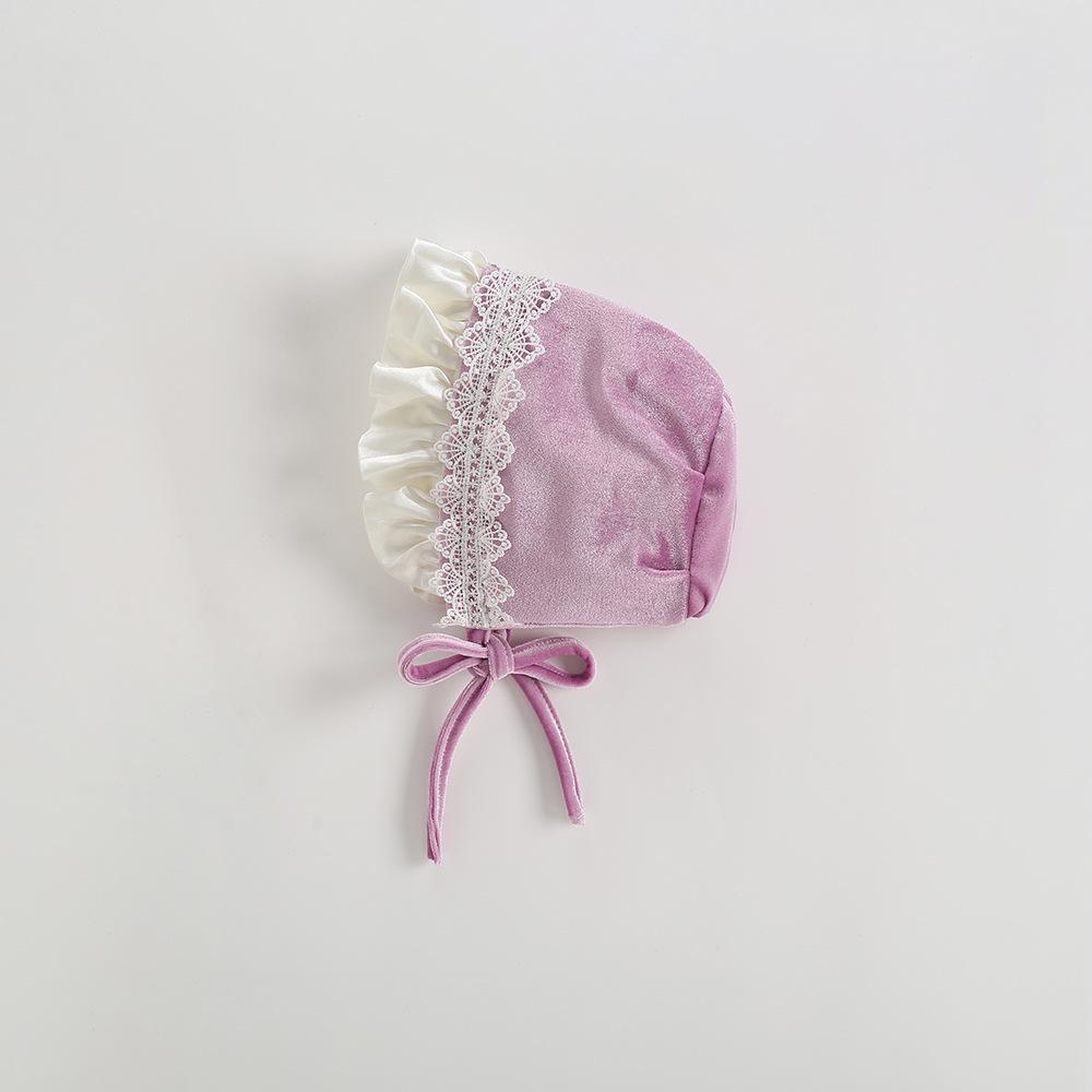 Elegant Purple Velvet Hat with Lace for Baby Girls - Autumn/Winter Infant Lolita Court Style