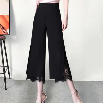 Ladies Cropped Pants Lace Patchwork Solid Color High Waist Straight Thin Side Split Mid Calf Length OL Commute Style Women Trousers