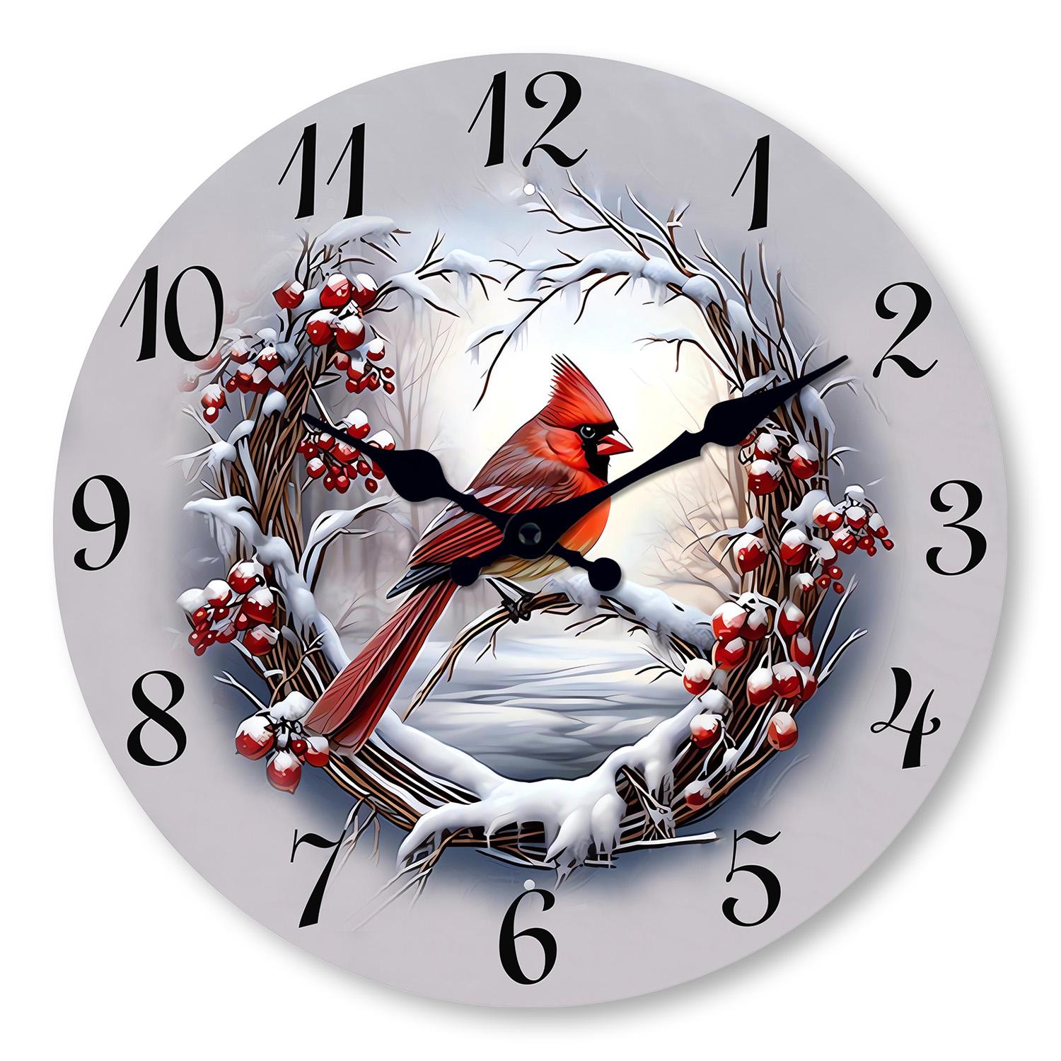Superior-Grade 1Pc High-Standard Wooden High-Standard Wall First-Class Clock First-Class Watercolor First-Class Winter First-Class Cardinals (as the picture,10inch)