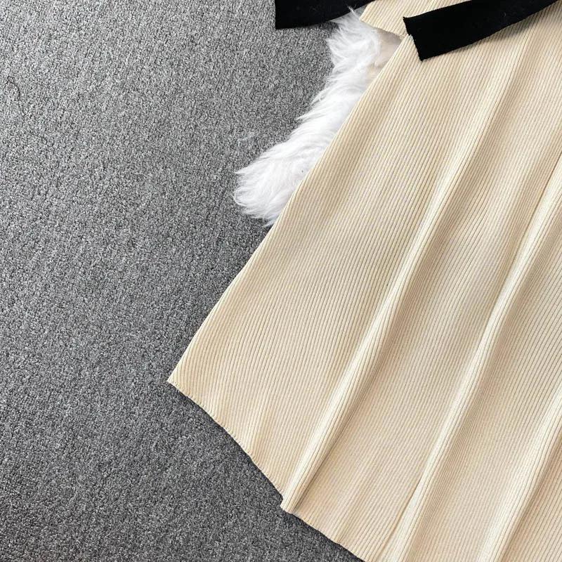 Autumn Elegant Knitting V-neck Long Sleeve Dress Women Fashion Retro Lace Up Bow Dresses Female France Warm Thin Slim Knit Dress New