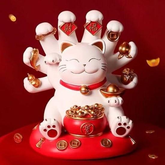 AiO JAPAN Feng Shui Figurine Senju Maneki Neko Cat Continues Invite Good Fortune Wealth Prosperity Gold Treasure Happiness Item Gift Small Present