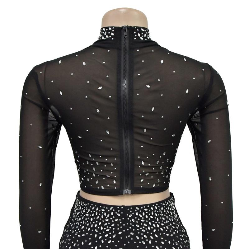 Trendy European American Women Solid Color Mesh Long Sleeve Trousers Two Piece Set Fashionable Outfit