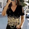 Women V Neck Cold Shoulder Blouse Black White Bleach Bull Skull Letter Graphic Short Sleeve Top